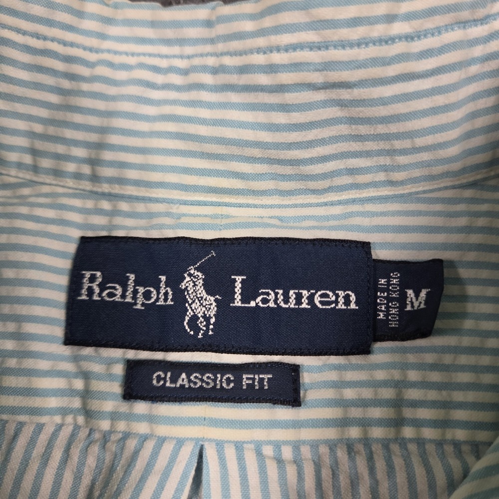 Polo Ralph Lauren Men's M S/S Blue & White Striped Seersucker Shirt Pink Pony - Picture 2 of 6